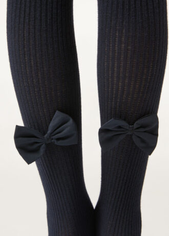 Collants de algodão com canelado e laço para meninas