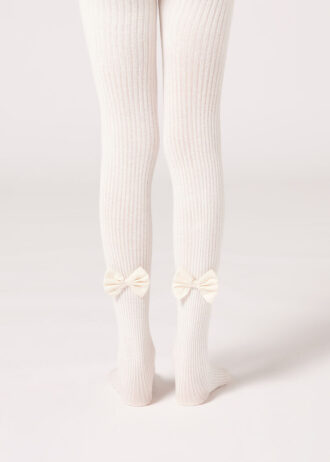 Collants de algodão com canelado e laço para meninas