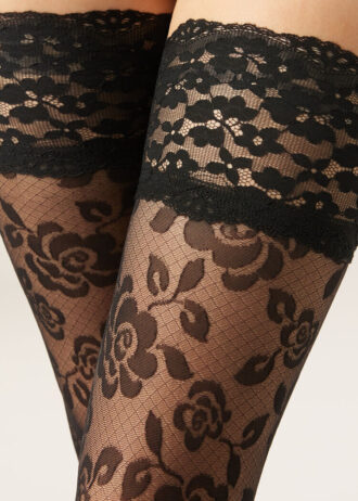 Meias até à coxa transparentes com padrão floral