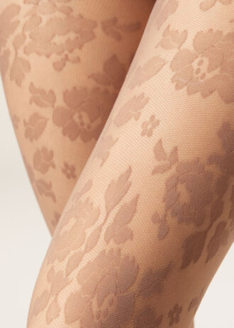 Meias-calças transparentes com padrão floral